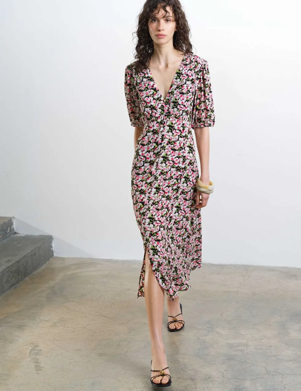 Floral V-Neck Puff Sleeve Midi Tea Dress