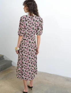 Floral V-Neck Puff Sleeve Midi Tea Dress