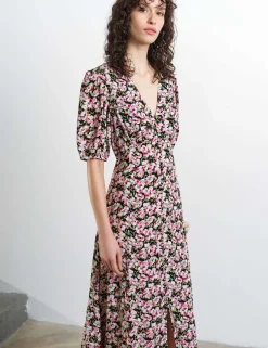 Floral V-Neck Puff Sleeve Midi Tea Dress
