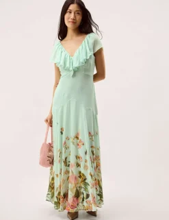 Floral V-Neck Ruffle Maxi Skater Dress