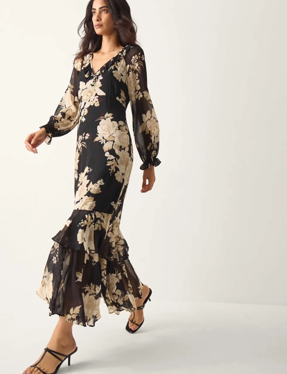 Floral V-Neck Ruffle Maxi Dress