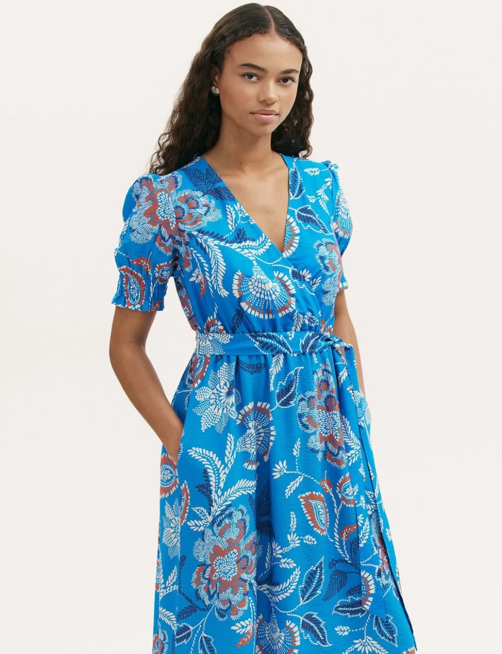Floral V-Neck Tie Waist Midi Wrap Dress