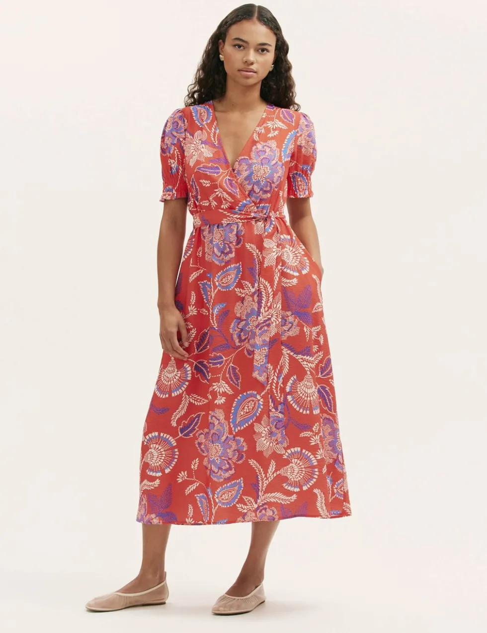Floral V-Neck Tie Waist Midi Wrap Dress