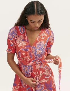 Floral V-Neck Tie Waist Midi Wrap Dress