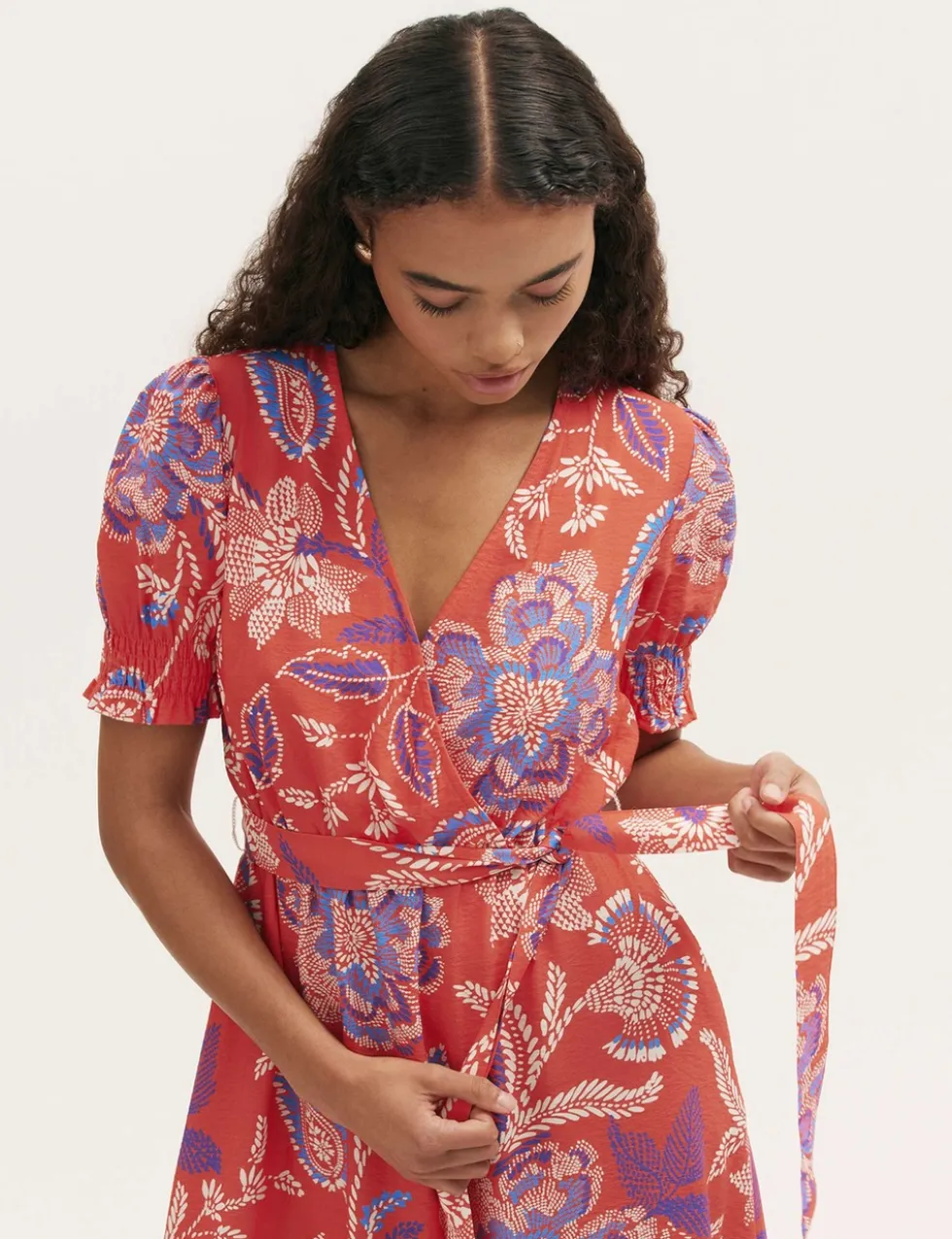 Floral V-Neck Tie Waist Midi Wrap Dress