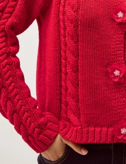 Flower Button Cable Knit Cardigan