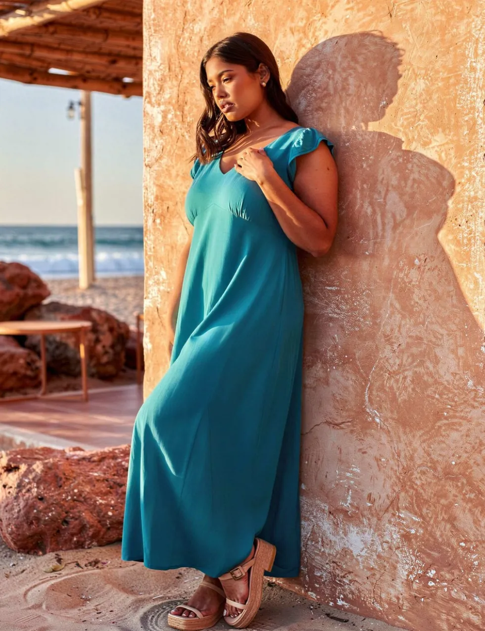 Frill Sleeve V-Neck Midi Tea Dress with Linen