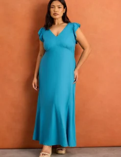Frill Sleeve V-Neck Midi Tea Dress with Linen