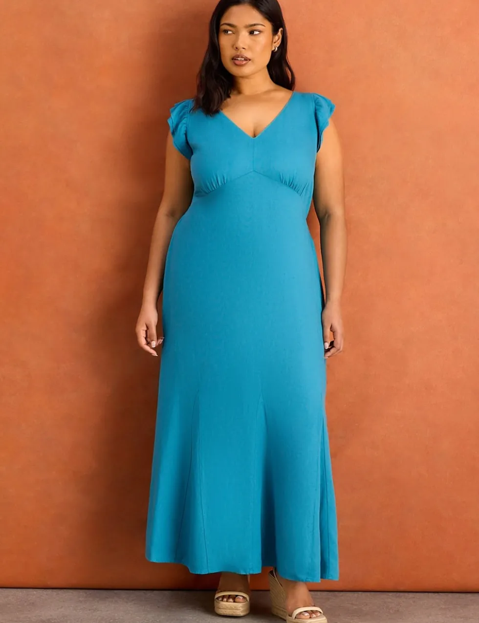 Frill Sleeve V-Neck Midi Tea Dress with Linen