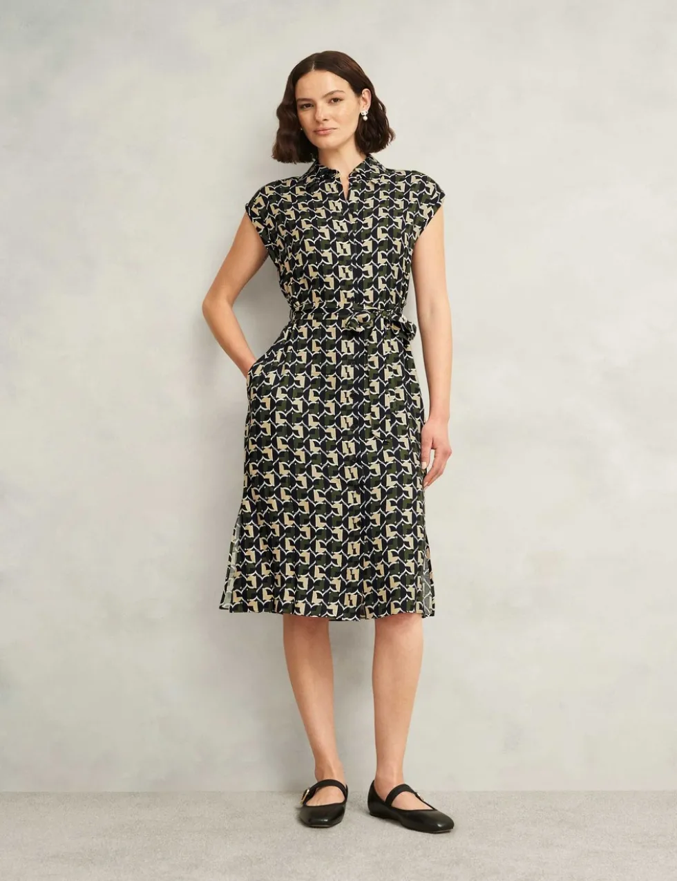 Geometric Belted Midi Shirt Dress