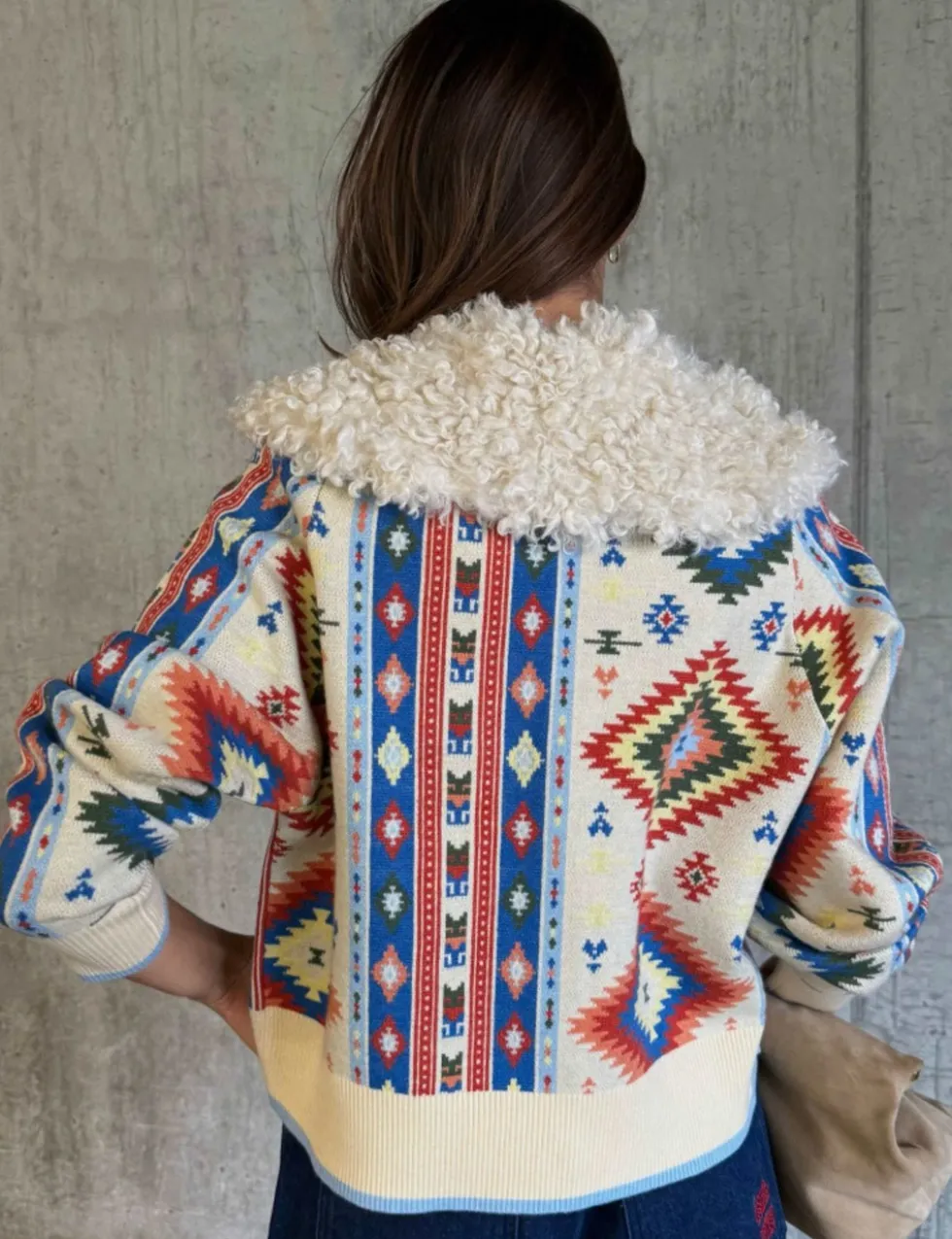 Geometric Crew Neck Button Through Cardigan