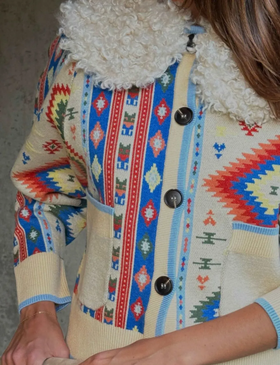Geometric Crew Neck Button Through Cardigan
