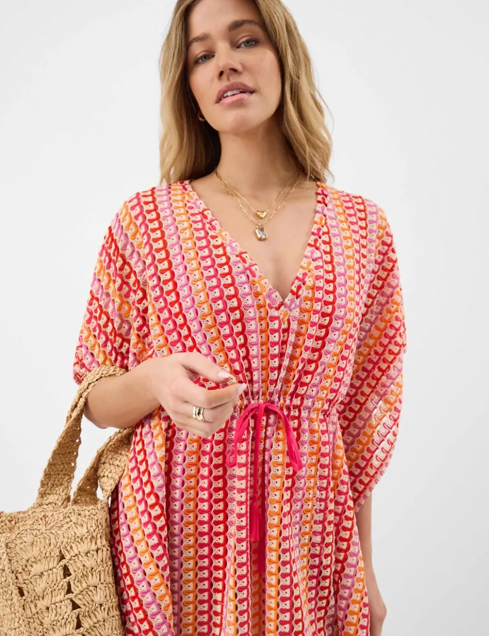 Geometric Striped V-Neck Mini Relaxed Kaftan