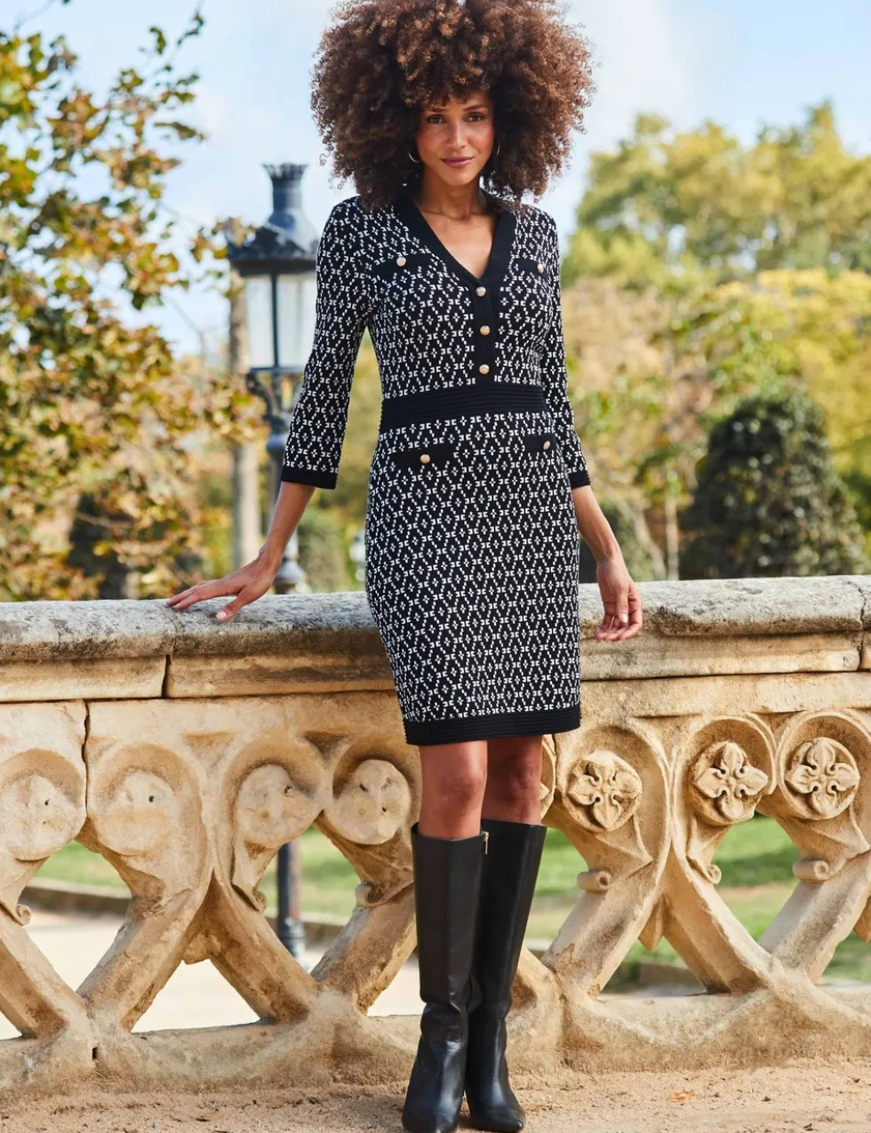 Geometric V-Neck Mini Shift Dress