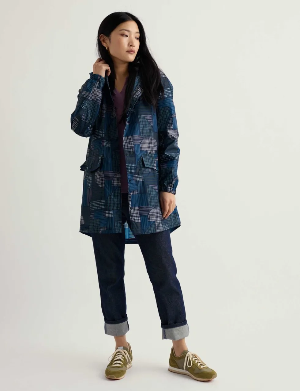 Geometric Waterproof Hooded Packaway Raincoat