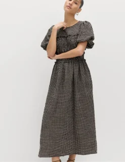 Gingham Puff Sleeve Midi Waisted Dress