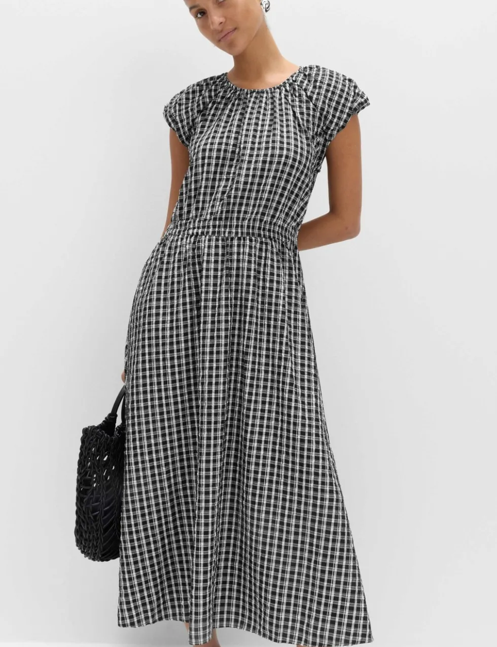 Gingham Puff Sleeve Midi Waisted Dress