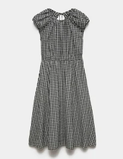 Gingham Puff Sleeve Midi Waisted Dress
