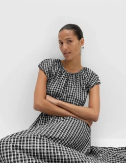 Gingham Puff Sleeve Midi Waisted Dress