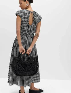 Gingham Puff Sleeve Midi Waisted Dress