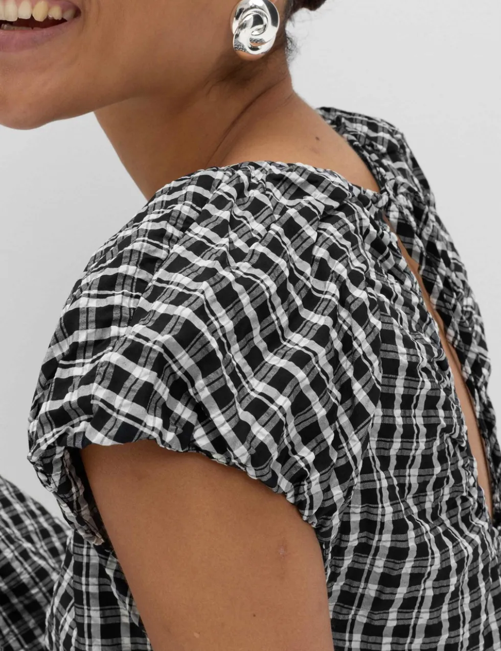 Gingham Puff Sleeve Midi Waisted Dress