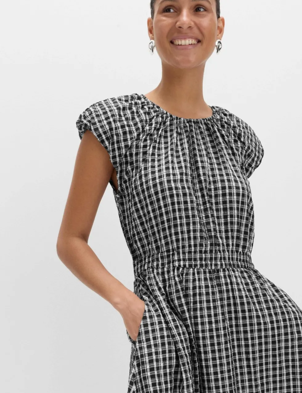 Gingham Puff Sleeve Midi Waisted Dress
