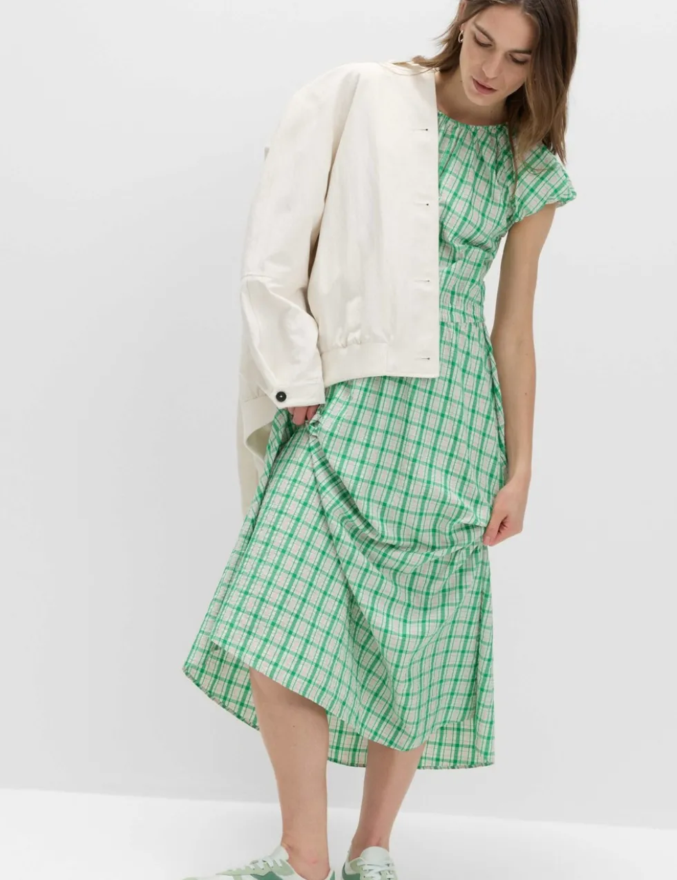 Gingham Puff Sleeve Midi Waisted Dress