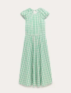 Gingham Puff Sleeve Midi Waisted Dress