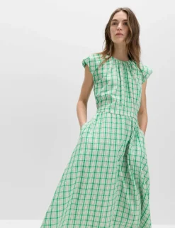 Gingham Puff Sleeve Midi Waisted Dress