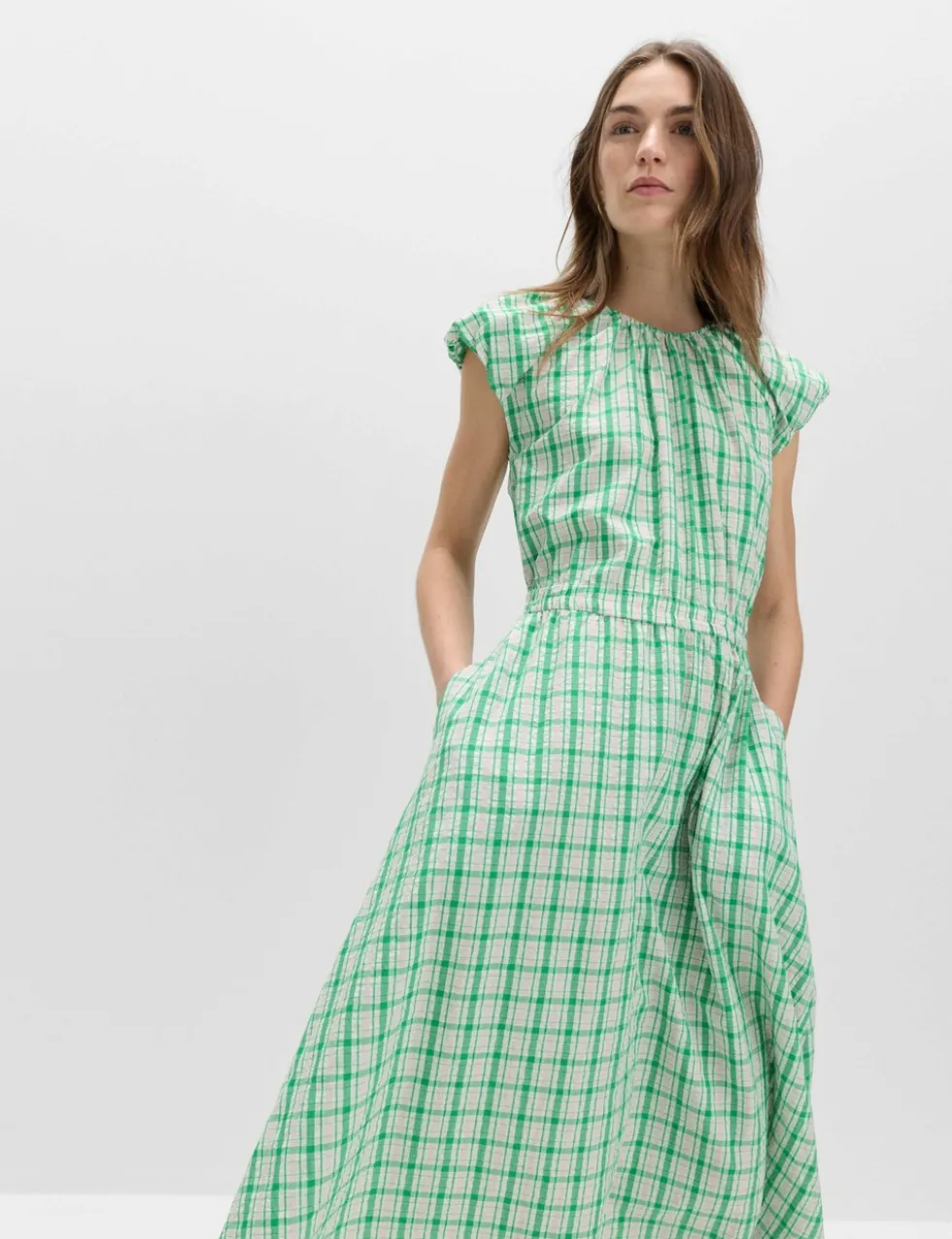 Gingham Puff Sleeve Midi Waisted Dress