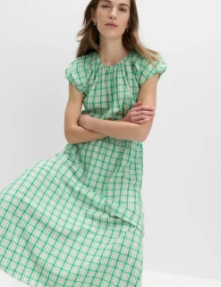 Gingham Puff Sleeve Midi Waisted Dress