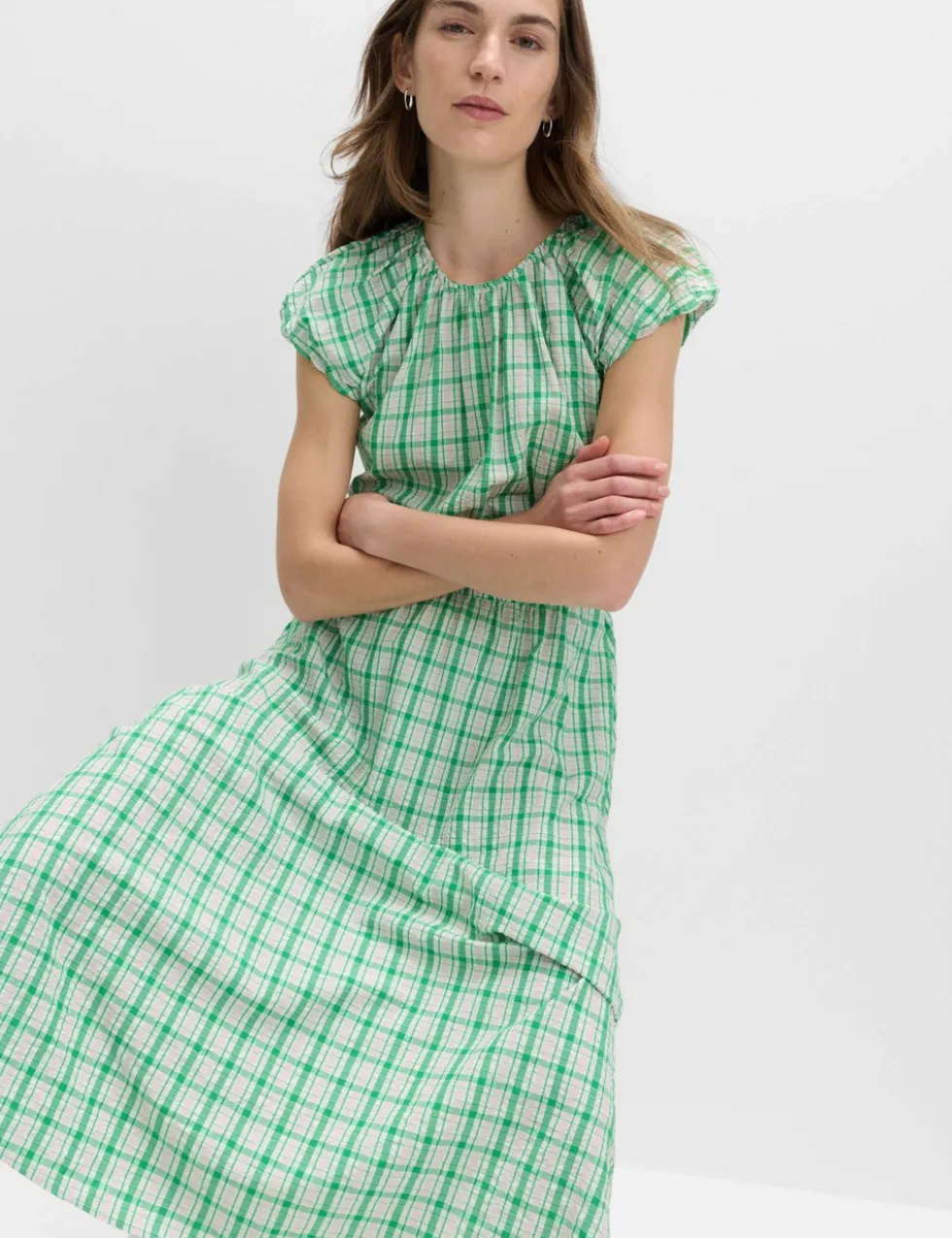 Gingham Puff Sleeve Midi Waisted Dress