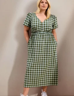 Gingham V-Neck Puff Sleeve Midaxi Waisted Dress