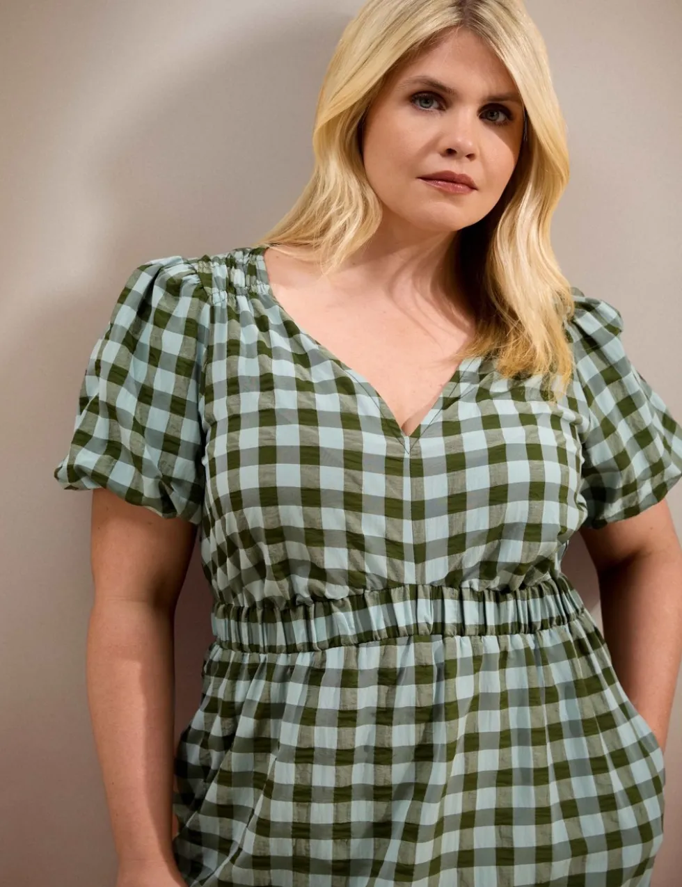 Gingham V-Neck Puff Sleeve Midaxi Waisted Dress