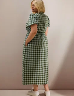 Gingham V-Neck Puff Sleeve Midaxi Waisted Dress