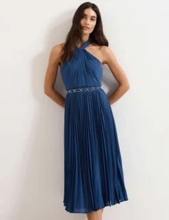 Halter Neck Pleated Midi Skater Dress