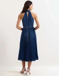 Halter Neck Pleated Midi Skater Dress