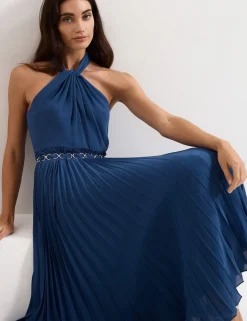 Halter Neck Pleated Midi Skater Dress
