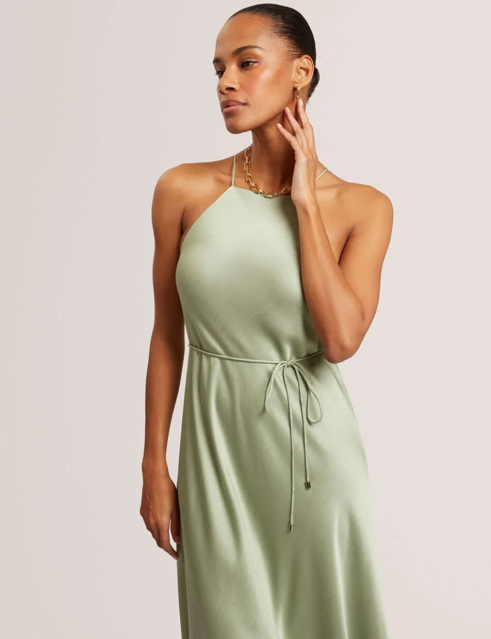 Halter Neck Tie Waist Midi Slip Dress