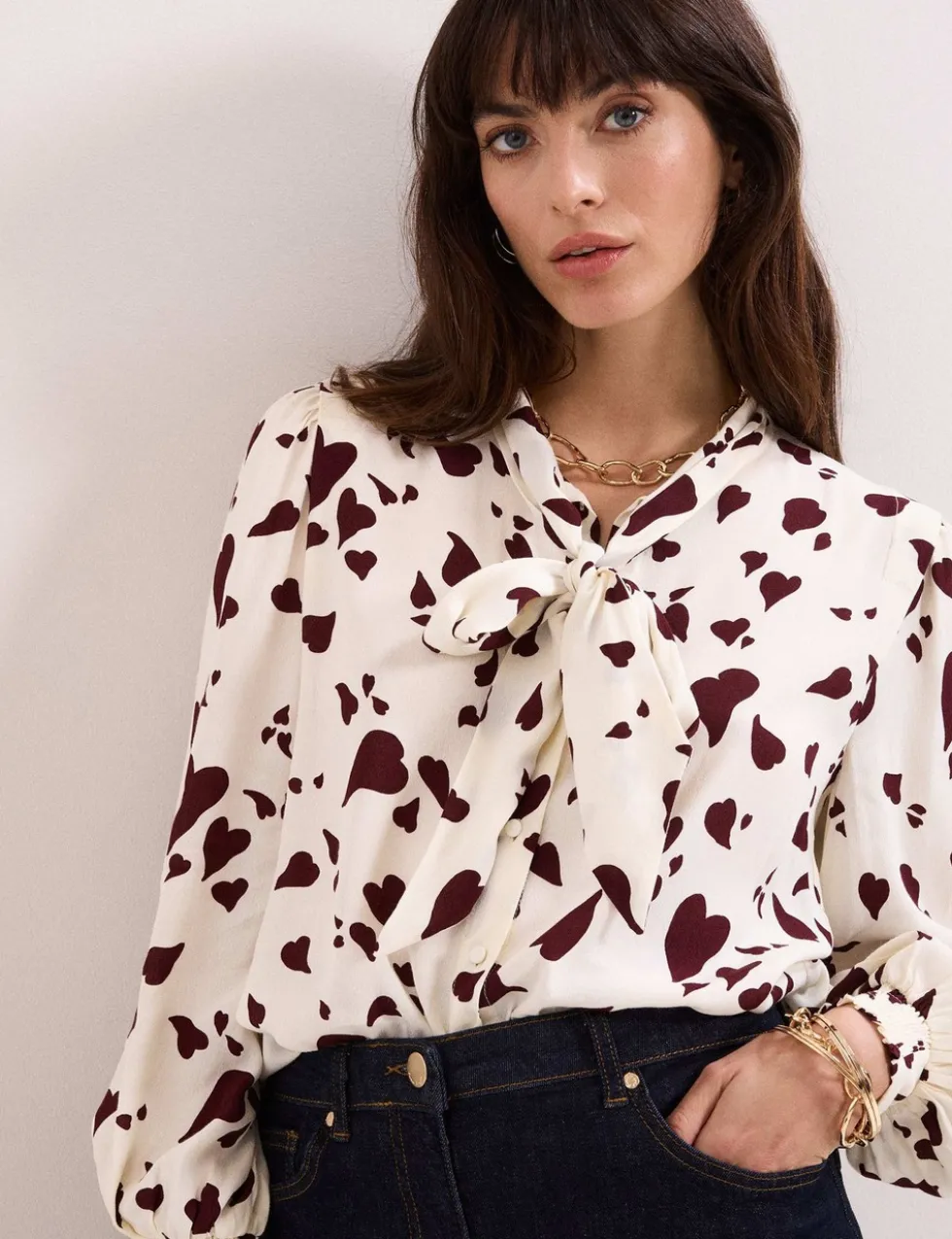 Heart Print Tie Neck Blouse