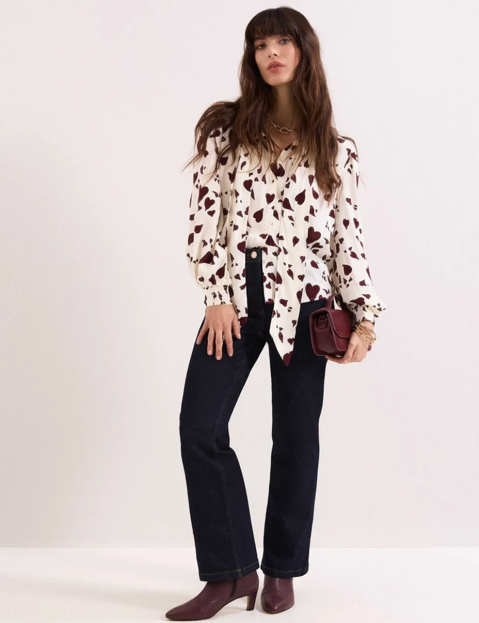 Heart Print Tie Neck Blouse