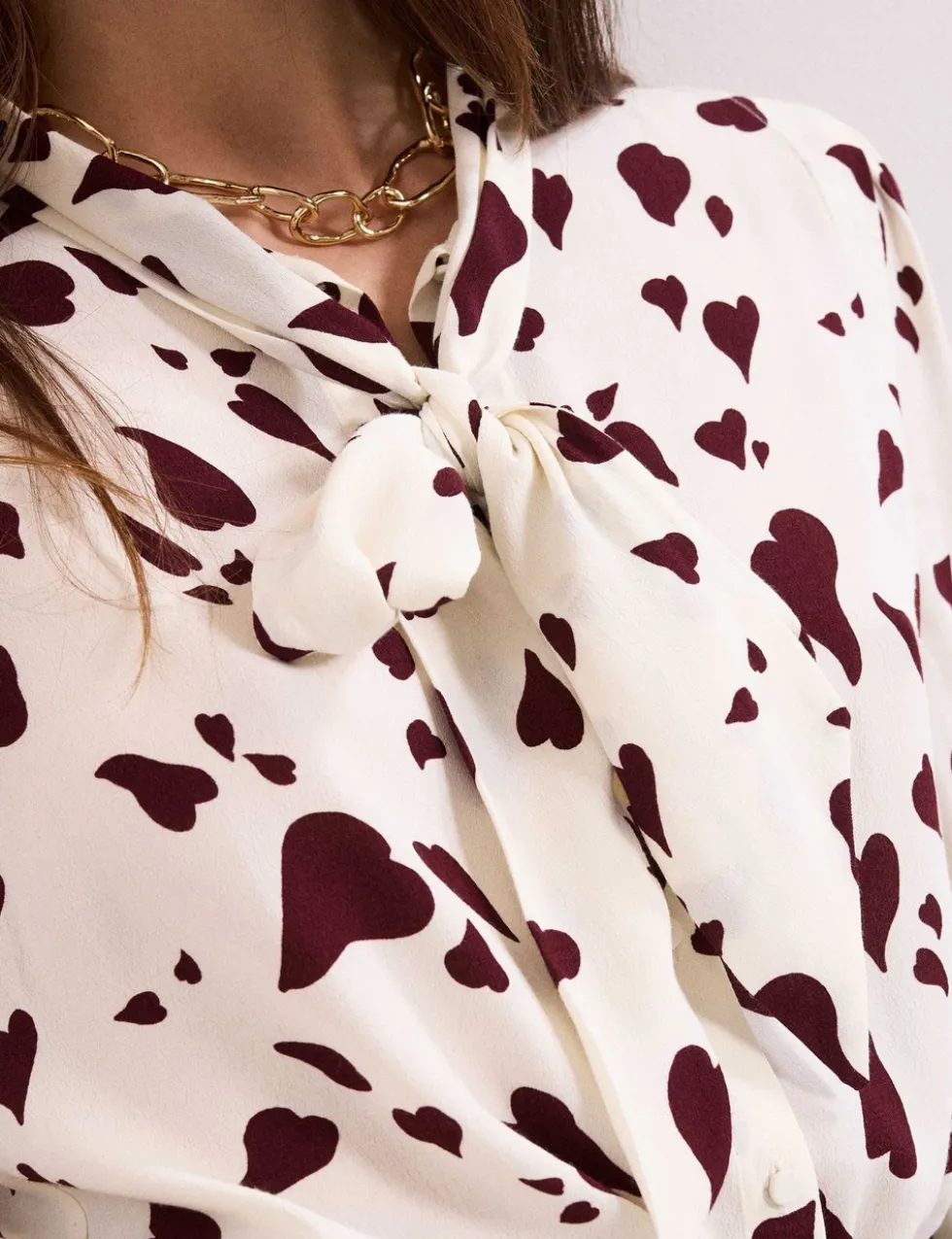 Heart Print Tie Neck Blouse