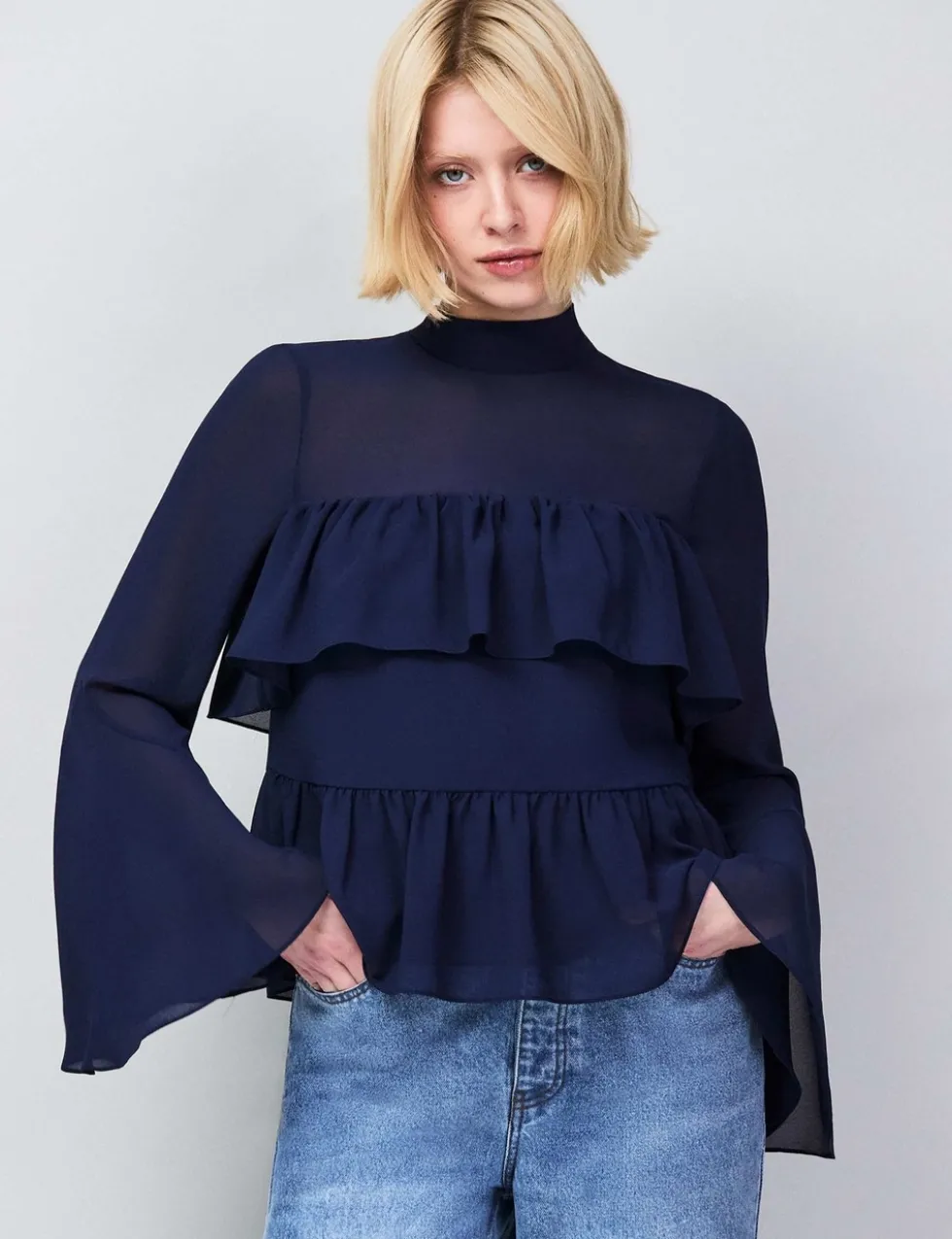 High Neck Frill Detail Blouse