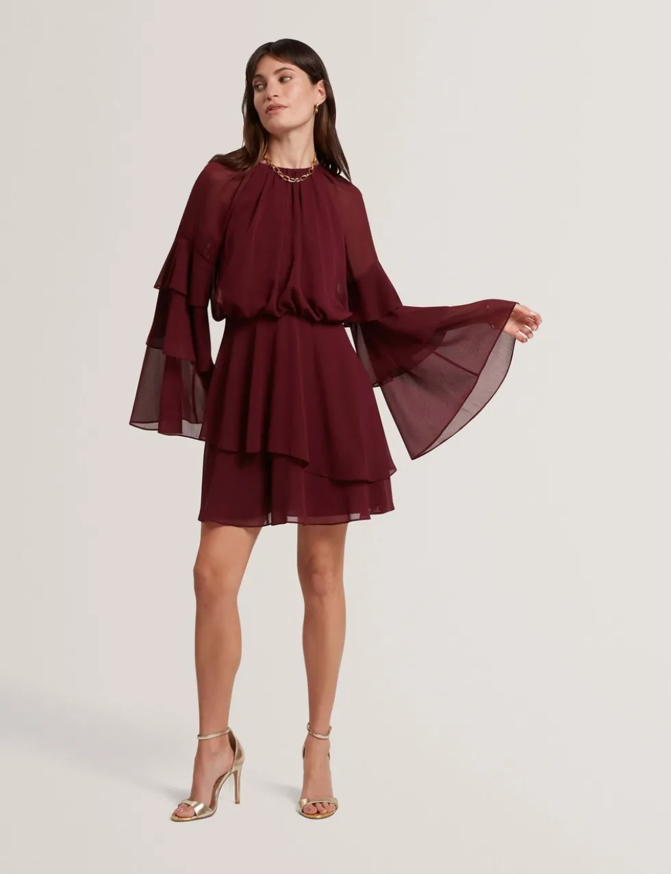High Neck Gathered Mini Tiered Dress