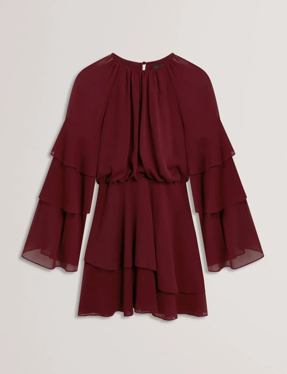High Neck Gathered Mini Tiered Dress