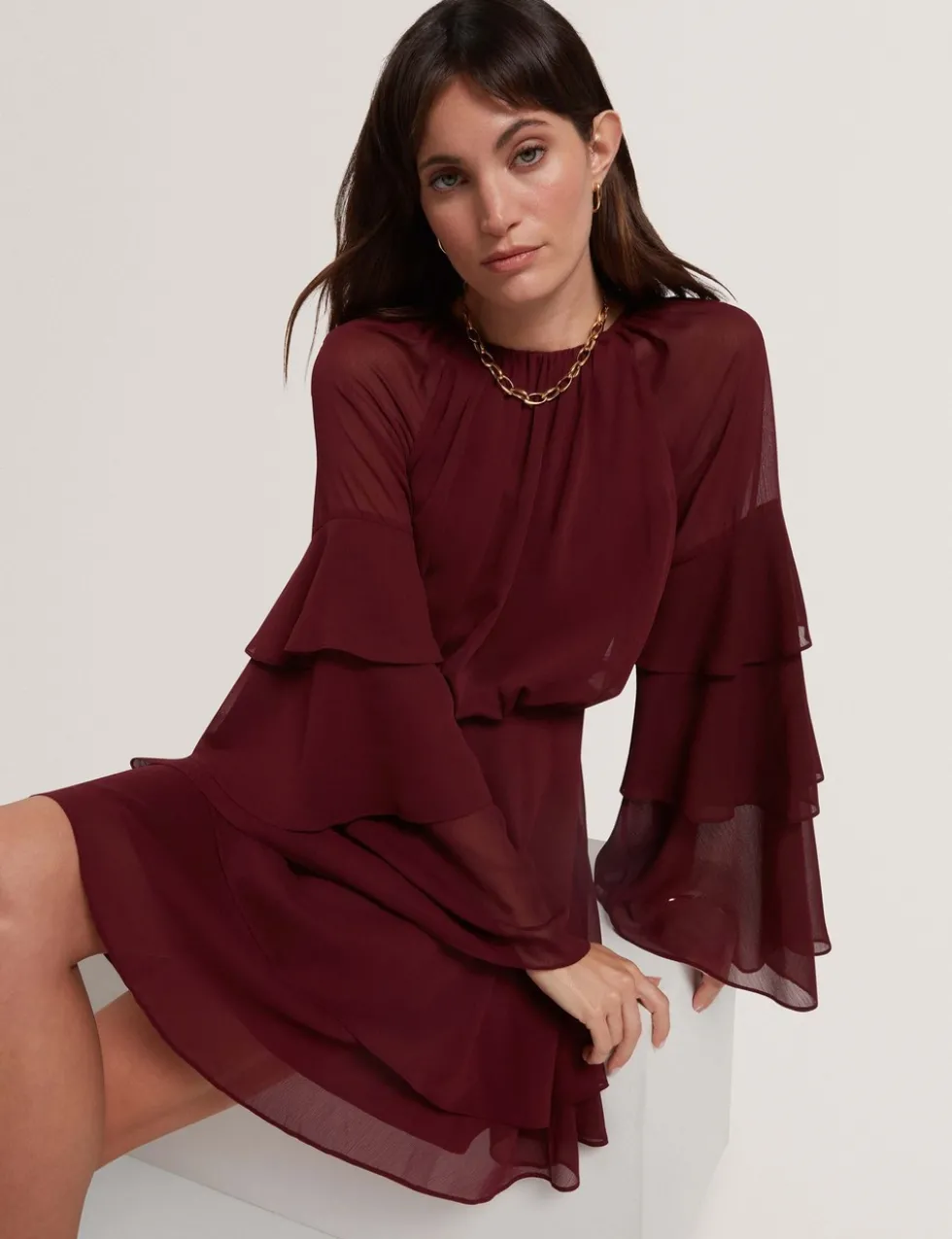 High Neck Gathered Mini Tiered Dress