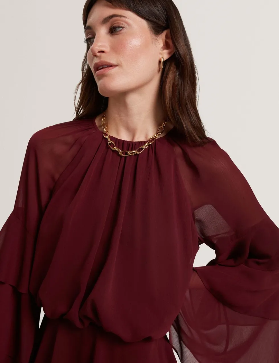 High Neck Gathered Mini Tiered Dress