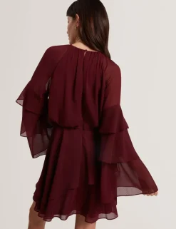 High Neck Gathered Mini Tiered Dress