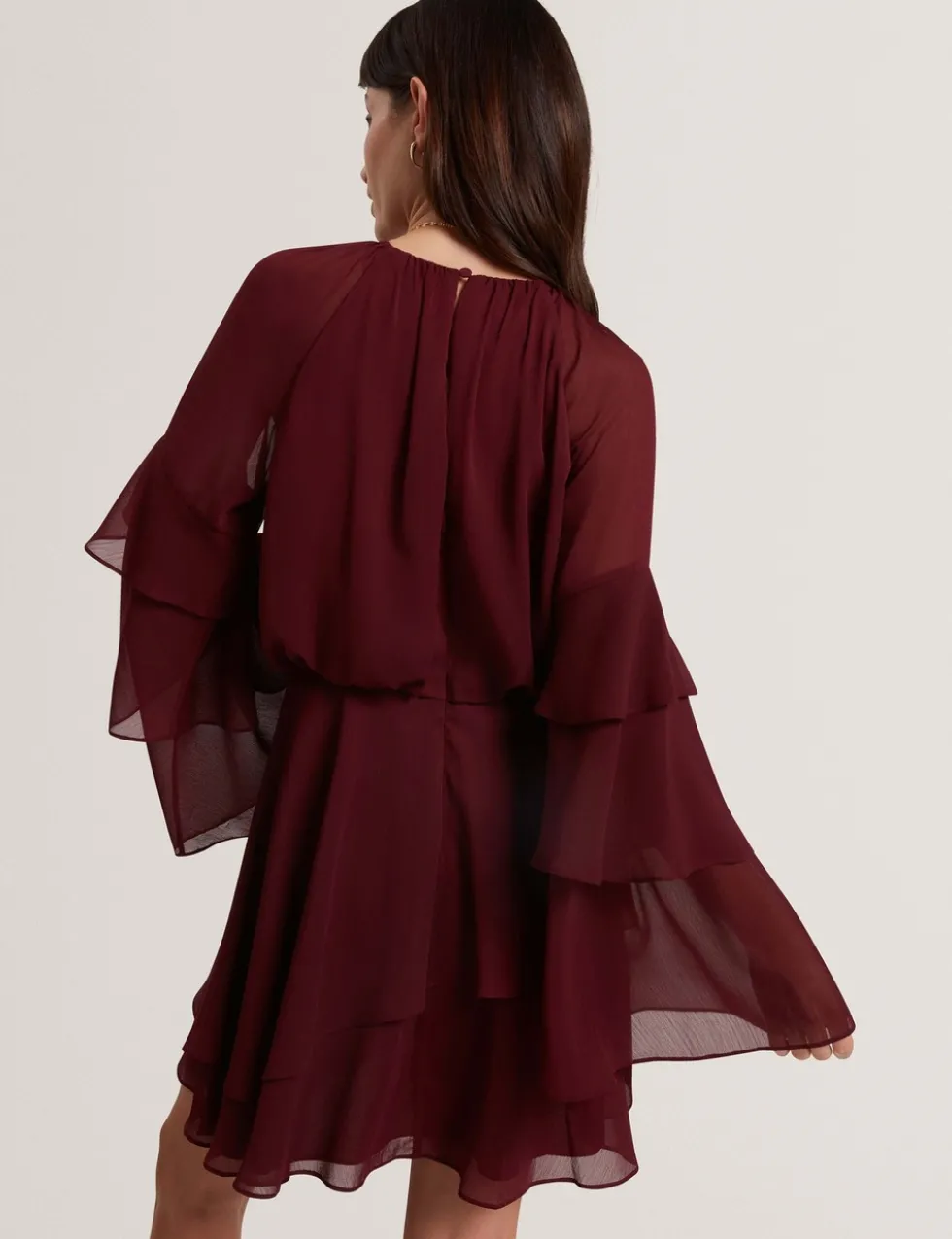 High Neck Gathered Mini Tiered Dress