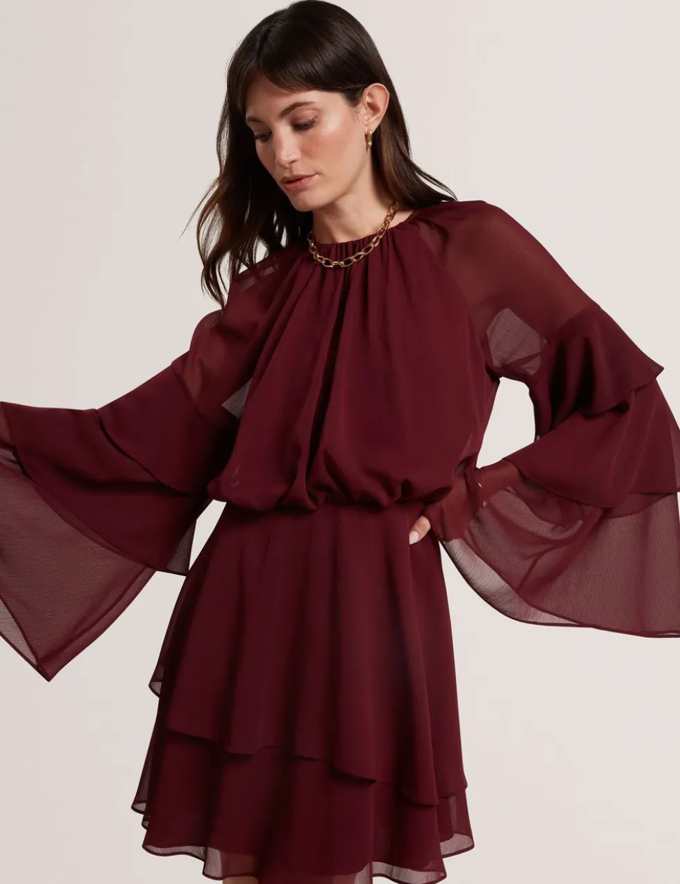 High Neck Gathered Mini Tiered Dress